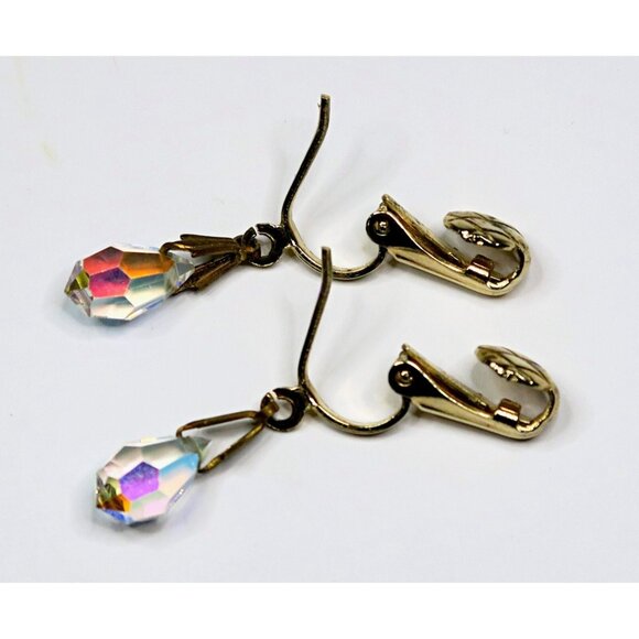 Vintage Aurora Borealis Teardrop Clip-On Earrings – Rhinestone Dangle, Gold Tone - Picture 4 of 4